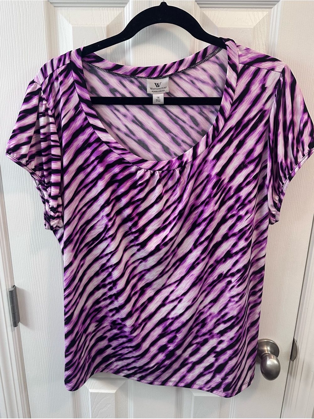 Worthington Purple and Black Zebra-Print Scoop Neck Tee